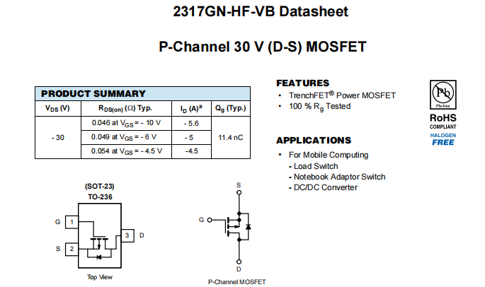 2317GN-HF-VB一种P—Channel沟道SOT23封装MOS管