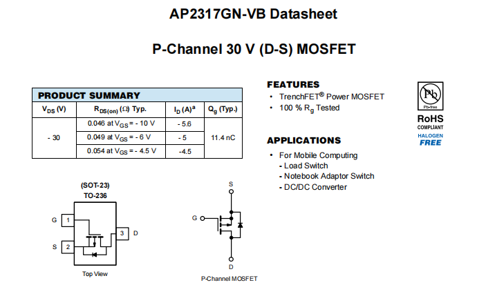 AP2317GN-VB一种P—Channel沟道SOT23封装MOS管