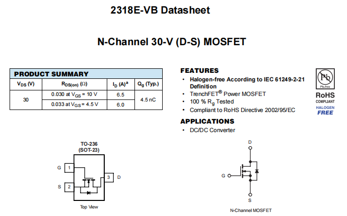 2318E-VB一种N—Channel沟道SOT23封装MOS管