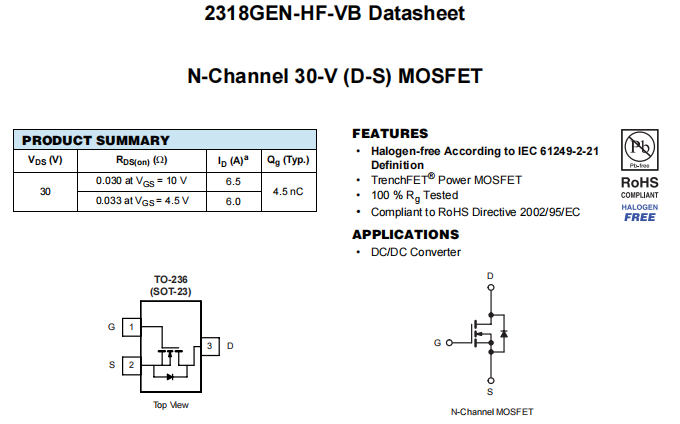 2318GEN-HF-VB一种N—Channel沟道SOT23封装MOS管