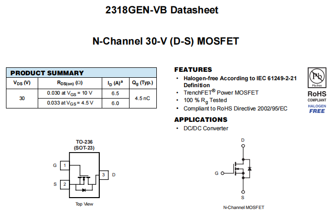 2318GEN-VB一种N—Channel沟道SOT23封装MOS管