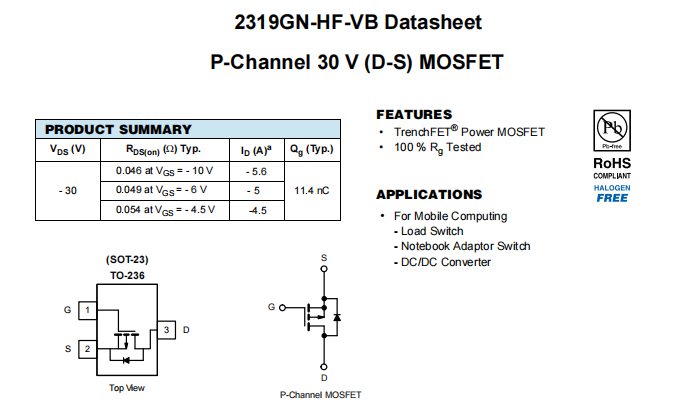 2319GN-HF-VB一种P—Channel沟道SOT23封装MOS管