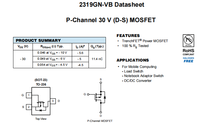 2319GN-VB一种P—Channel沟道SOT23封装MOS管