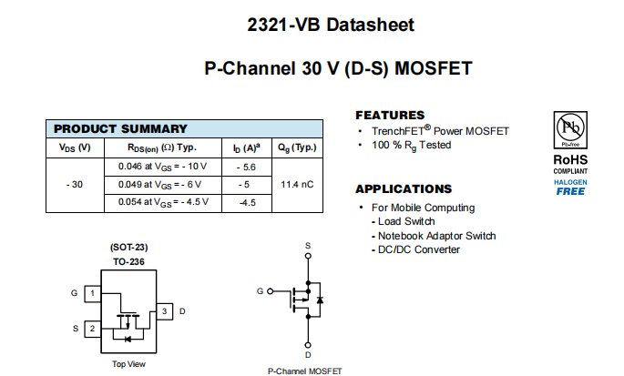 2321-VB一种P—Channel沟道SOT23封装MOS管