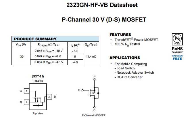 2323GN-HF-VB一种P—Channel沟道SOT23封装MOS管