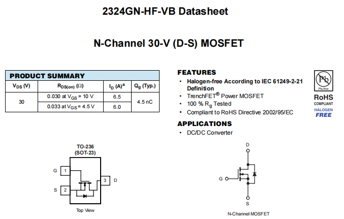 2324GN-HF-VB一种N—Channel沟道SOT23封装MOS管