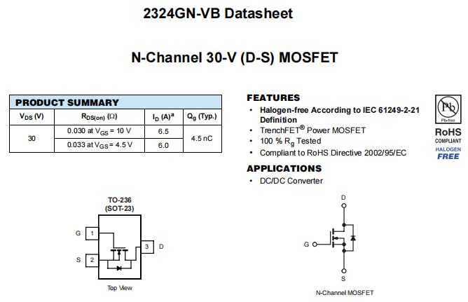 2324GN-VB一种N—Channel沟道SOT23封装MOS管