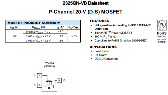 2325GN-VB一种P—Channel沟道SOT23封装MOS管