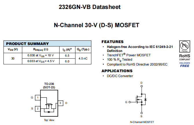 2326GN-VB一种N—Channel沟道SOT23封装MOS管