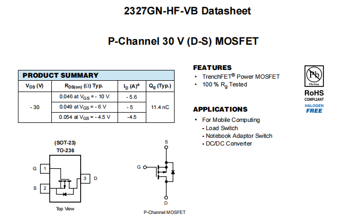 2327GN-HF-VB一种P—Channel沟道SOT23封装MOS管