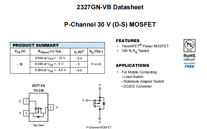 2327GN-VB一种P—Channel沟道SOT23封装MOS管