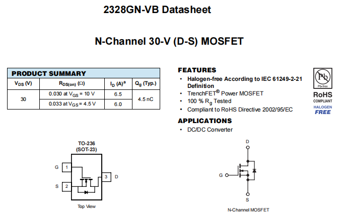 2328GN-VB一种N—Channel沟道SOT23封装MOS管