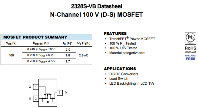 2328S-VB一种N—Channel沟道SOT23封装MOS管