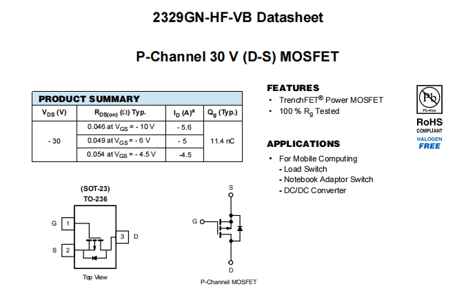2329GN-HF-VB一种P—Channel沟道SOT23封装MOS管