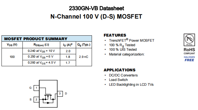 2330GN-VB一种N—Channel沟道SOT23封装MOS管