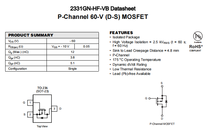 2331GN-HF-VB一种P—Channel沟道SOT23封装MOS管