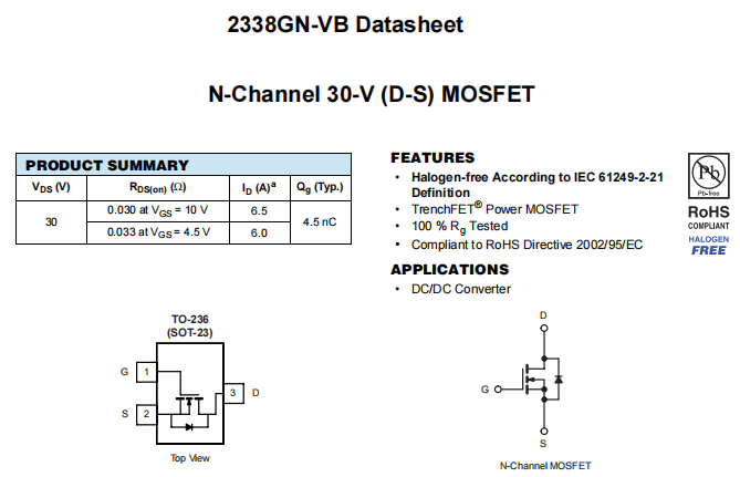 2338GN-VB一种N—Channel沟道SOT23封装MOS管