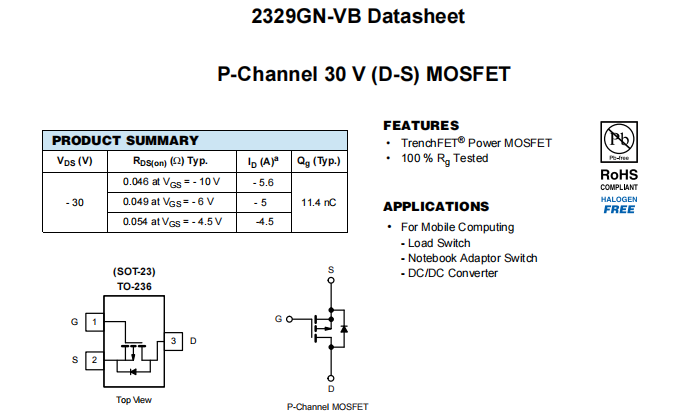 2329GN-VB一种P—Channel沟道SOT23封装MOS管