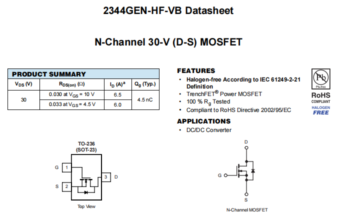 2344GEN-HF-VB一种N—Channel沟道SOT23封装MOS管