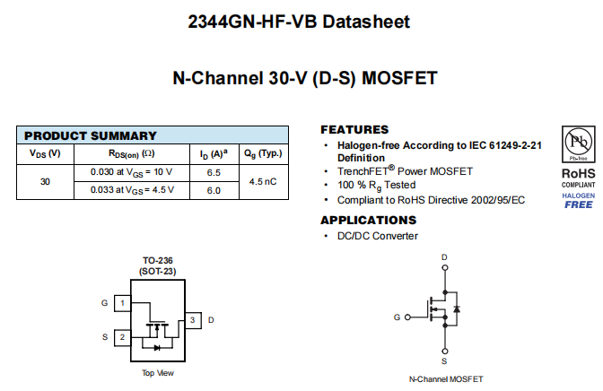 2344GN-HF-VB一种N—Channel沟道SOT23封装MOS管