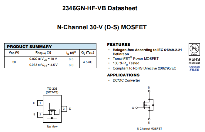 2346GN-HF-VB一种N—Channel沟道SOT23封装MOS管