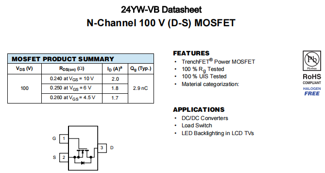 24YW-VB一种N—Channel沟道SOT23封装MOS管