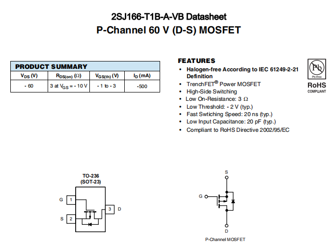 2SJ166-T1B-A-VB一种P—Channel沟道SOT23封装MOS管