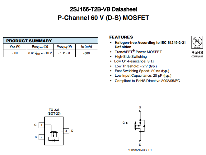 2SJ166-T2B-VB一种P—Channel沟道SOT23封装MOS管