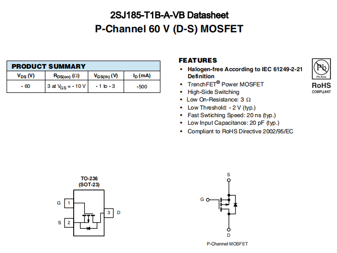 2SJ185-T1B-A-VB一种P—Channel沟道SOT23封装MOS管