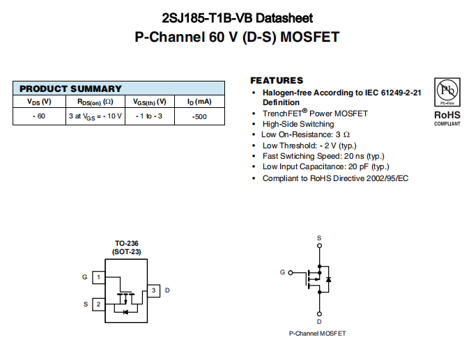 2SJ185-T1B-VB一种P—Channel沟道SOT23封装MOS管