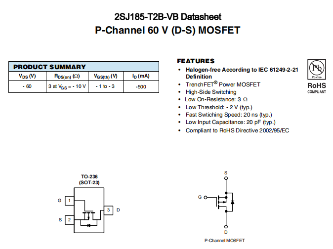 2SJ185-T2B-VB一种P—Channel沟道SOT23封装MOS管