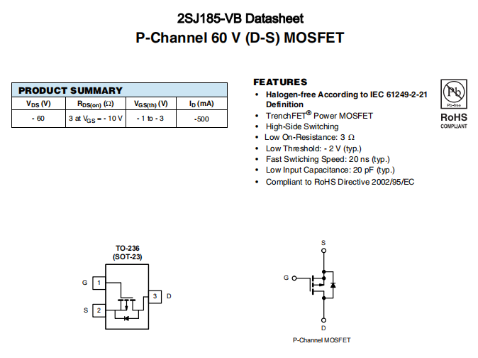 2SJ185-VB一种P—Channel沟道SOT23封装MOS管