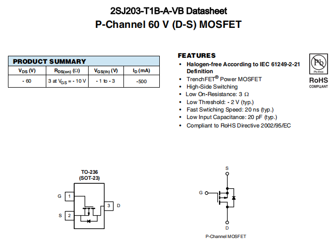 2SJ203-T1B-A-VB一种P—Channel沟道SOT23封装MOS管