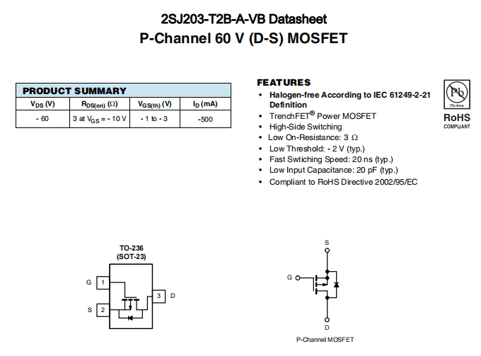 2SJ203-T2B-A-VB一种P—Channel沟道SOT23封装MOS管