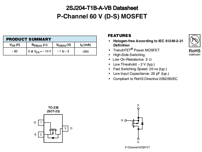 2SJ204-T1B-A-VB一种P—Channel沟道SOT23封装MOS管