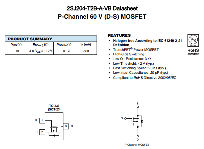 2SJ204-T2B-A-VB一种P—Channel沟道SOT23封装MOS管