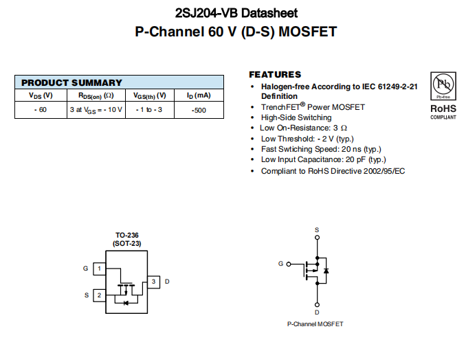 2SJ204-VB一种P—Channel沟道SOT23封装MOS管