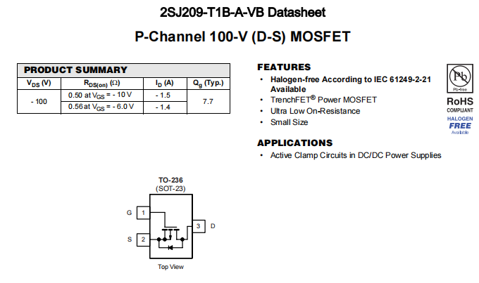 2SJ209-T1B-A-VB一种P—Channel沟道SOT23封装MOS管