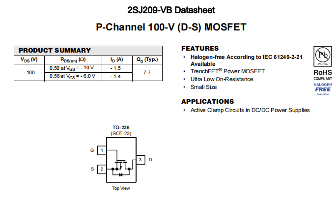 2SJ209-VB一种P—Channel沟道SOT23封装MOS管