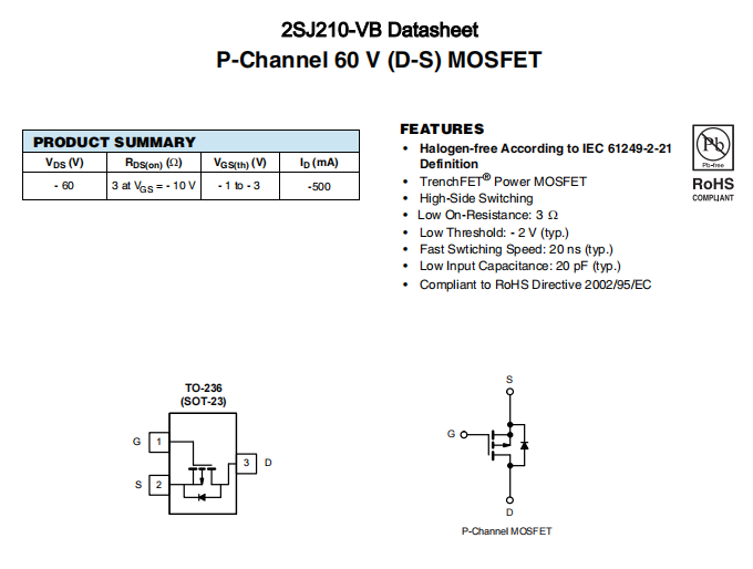 2SJ210-VB一种P—Channel沟道SOT23封装MOS管