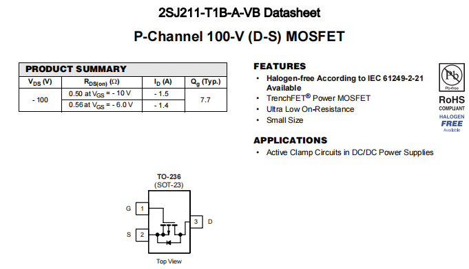 2SJ211-T1B-A-VB一种P—Channel沟道SOT23封装MOS管