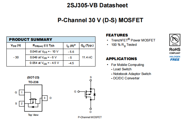 2SJ305-VB一种P—Channel沟道SOT23封装MOS管