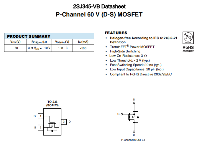 2SJ345-VB一种P—Channel沟道SOT23封装MOS管