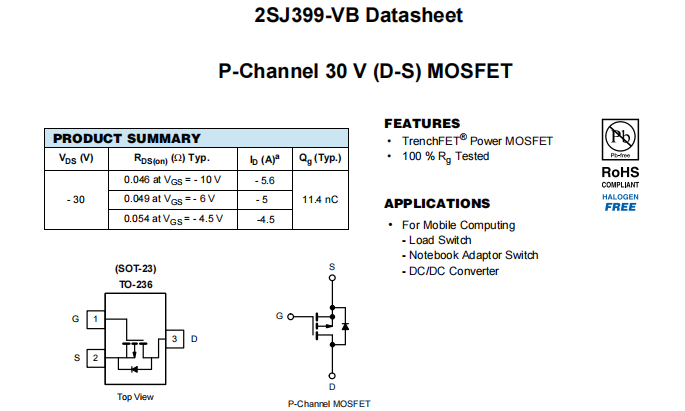 2SJ399-VB一款SOT23封装P—Channel场效应MOS管