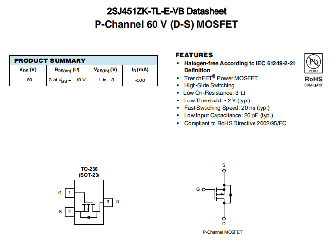 2SJ451ZK-TL-E-VB一种P—Channel沟道SOT23封装MOS管