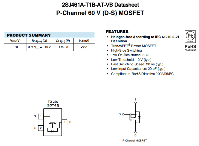 2SJ461A-T1B-AT-VB一种P—Channel沟道SOT23封装MOS管