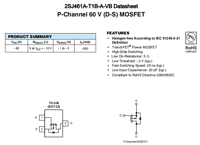 2SJ461A-T1B-A-VB一种P—Channel沟道SOT23封装MOS管