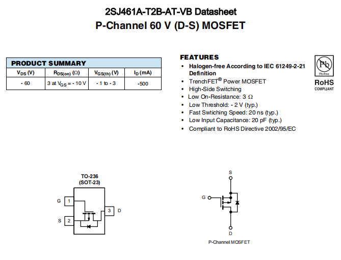 2SJ461A-T2B-AT-VB一种P—Channel沟道SOT23封装MOS管