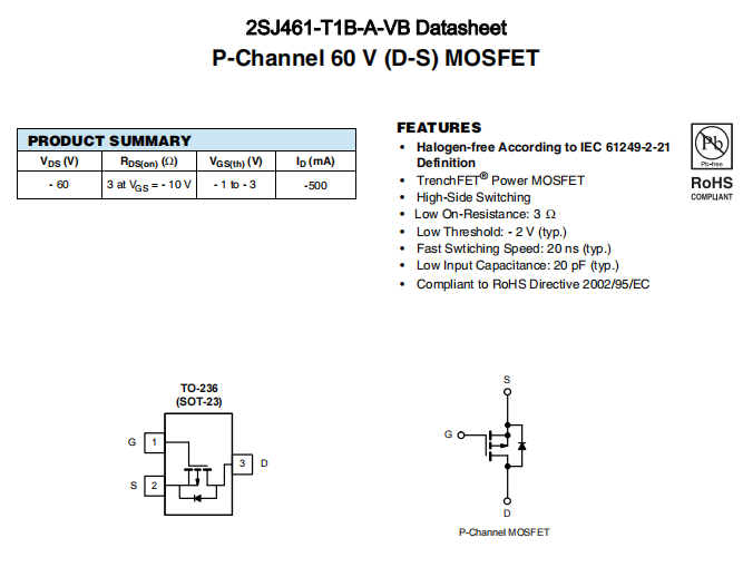 2SJ461-T1B-A-VB一种P—Channel沟道SOT23封装MOS管