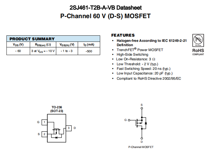 2SJ461-T2B-A-VB一种P—Channel沟道SOT23封装MOS管